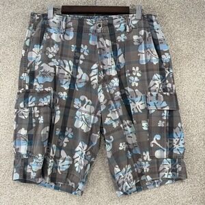 VTG Plugg Cargo Shorts Men's 32 Blue Floral Plaid Hawaiian Surf Skater Y2K Beach
